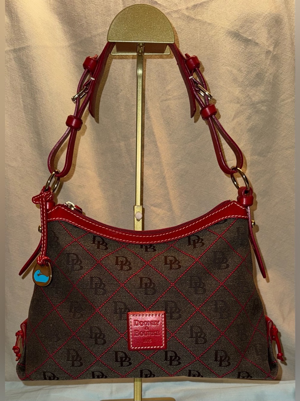 Dooney & Bourke Signature Quilt Canvas Small Erica Shoulder Bag Brown Red DB